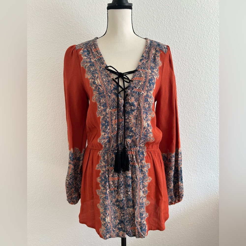 FREE PEOPLE SZ M Slubbed Crinkle Wildest Tunic Persimmon FRONT CRISS CROSS TIE - Picture 2 of 12